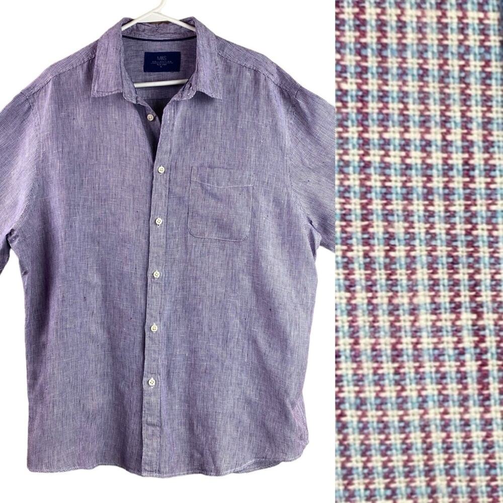 100% Linen Short Sleeve Button Front Shirt Size XL Lavender Purple Plaid